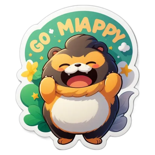 A sticker of a bear holding its mouth open and words gt miappy on it.