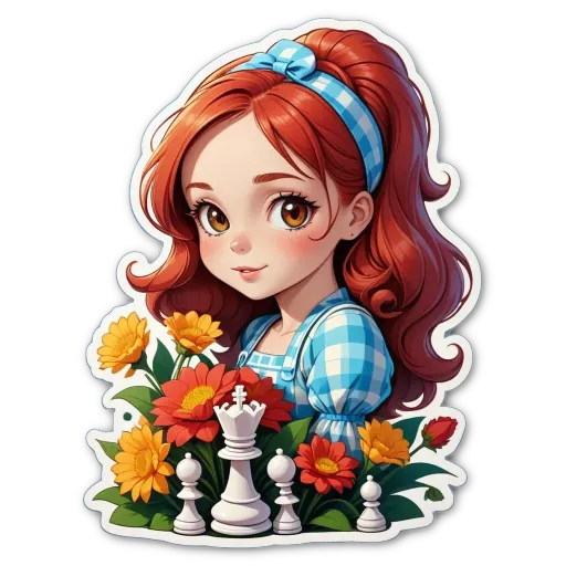 A girl with red hair and a blue dress, who is playing a game of chess with a white king.