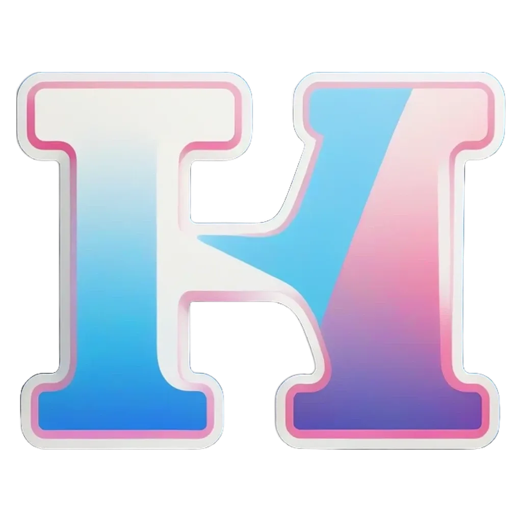 The letter H is in a large blue and pink font.