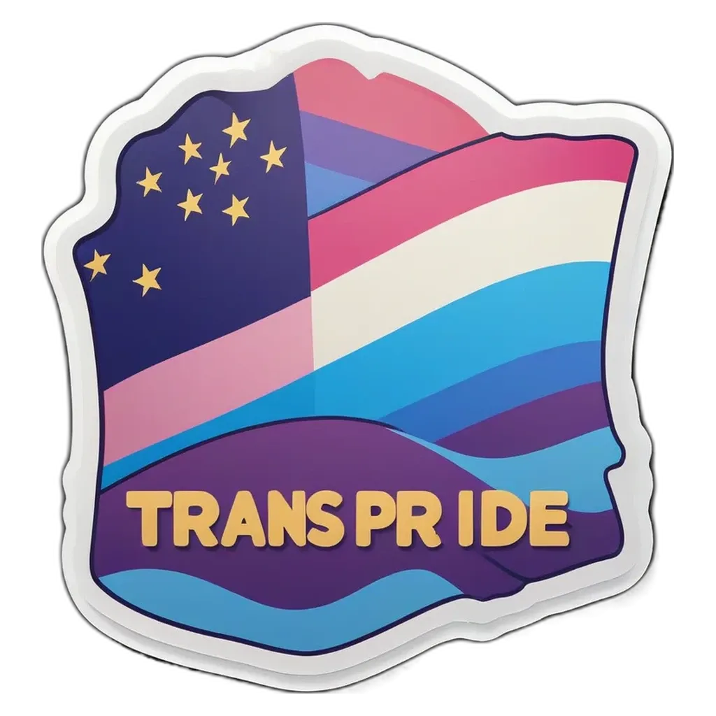 Trans pride sticker with stars and stripes and the words Trans pride.