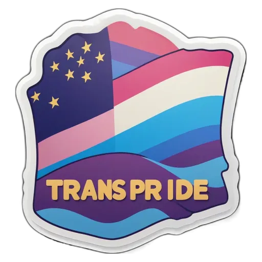 Trans pride sticker with stars and stripes and the words Trans pride.