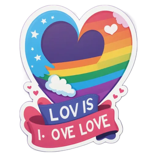 A colorful sticker of a rainbow heart that says "Love is" on the bottom.