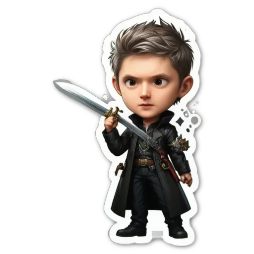 A boy holding a sword is in the center of a sticker.