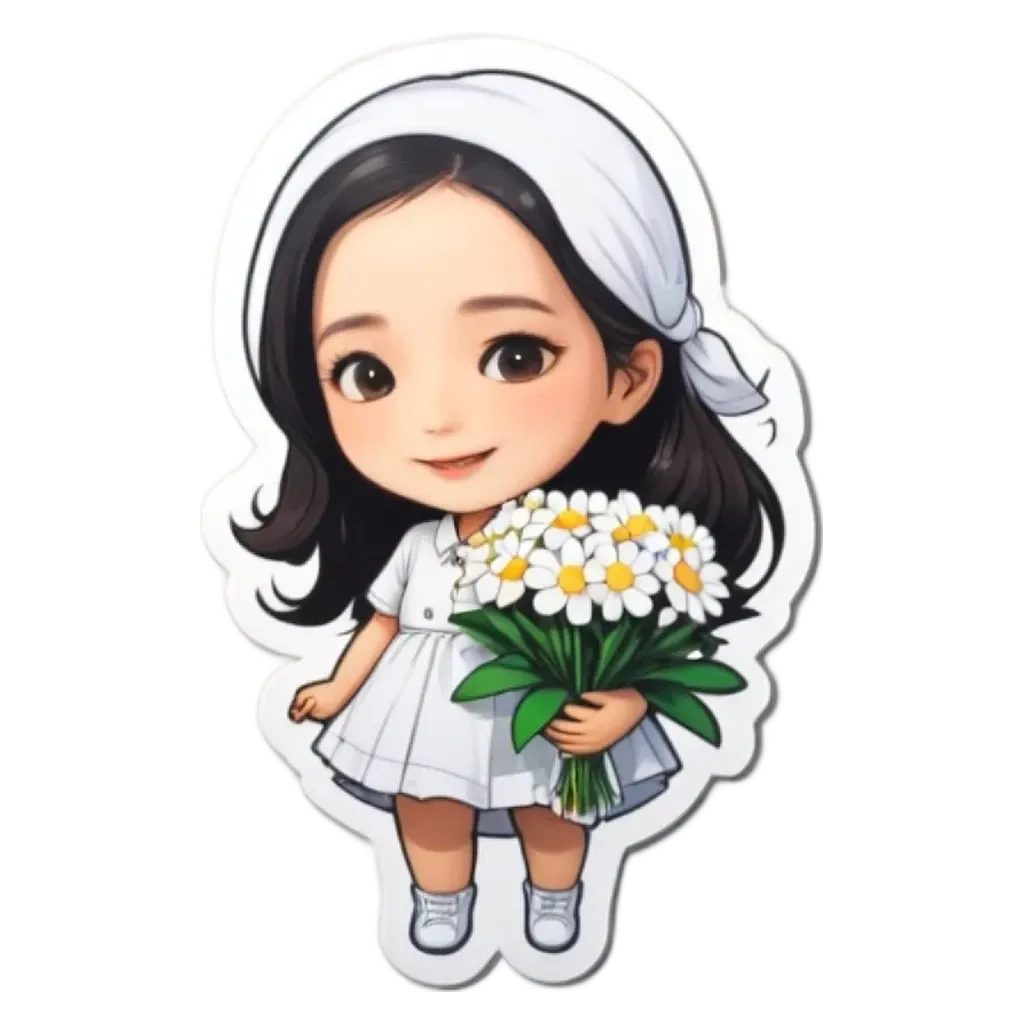 A girl holding flowers is in a white dress.