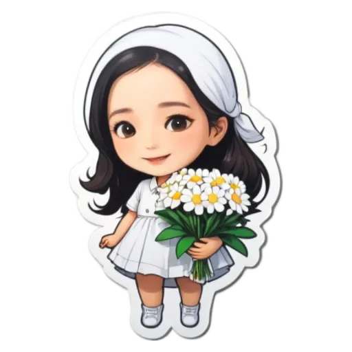 A girl holding flowers is in a white dress.