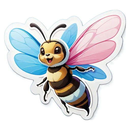 A colorful sticker of a bee with blue and pink wings.