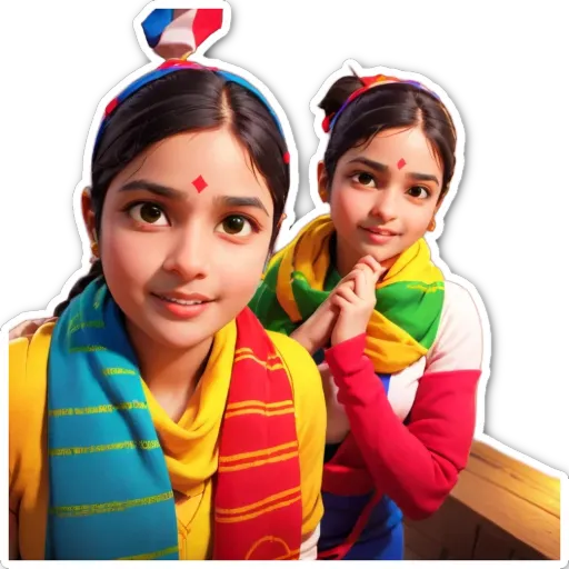 A girl wearing a multi colored scarf with another girl.
