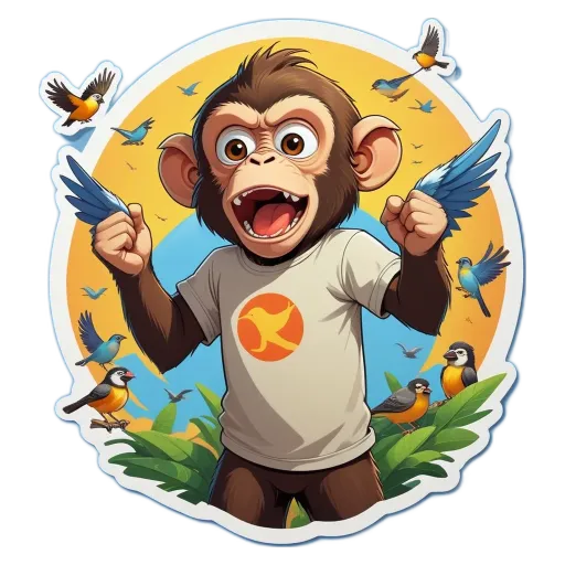 A cartoon of a monkey celebrating with birds of various colors.