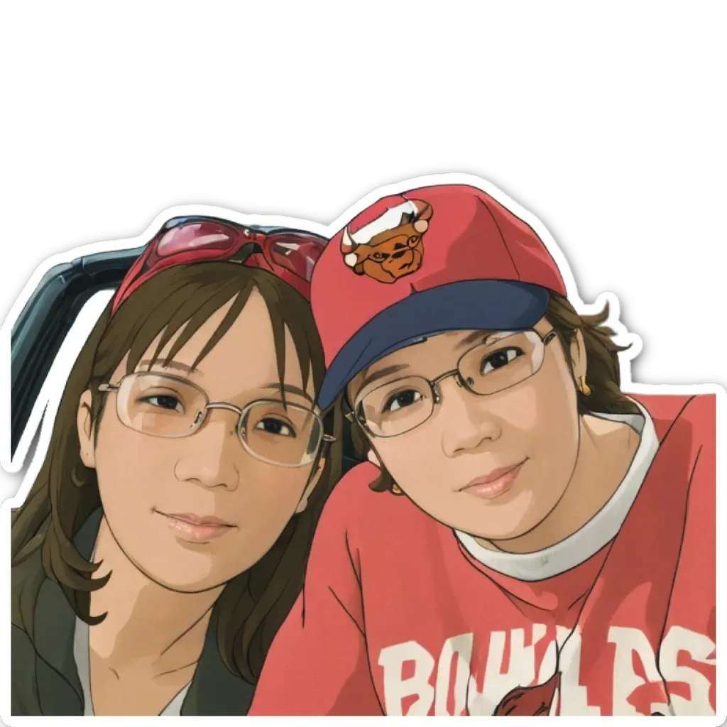 Two women friends in red and white with glasses and a BS4 tag.