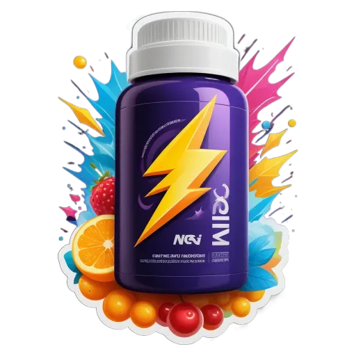 A blue and purple Nervin vitamin bottle with a rainbow colored background.
