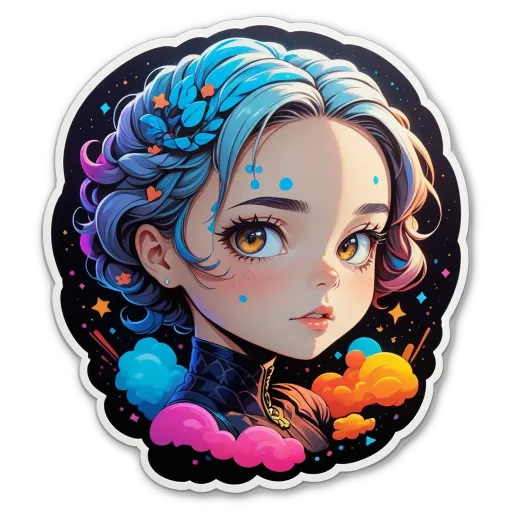A colorful girl with stars in her hair who draws our attention with her big eyes.
