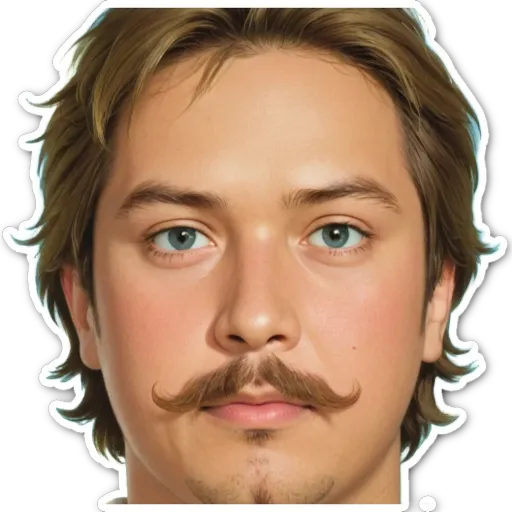 A sticker of a man's face has a mustache and is colored brown.