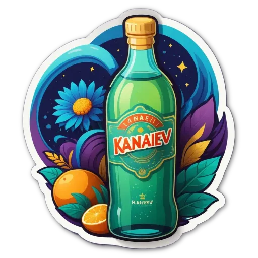 A colorful sticker of a bottle of Kanaiyev drinking from a black background.