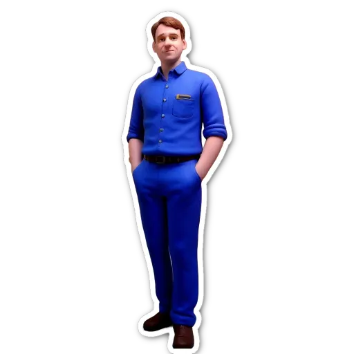 A blue colored man with his hands in his pockets.