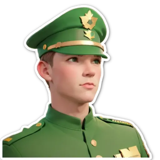 A green colored military uniform with a gold colored hat.