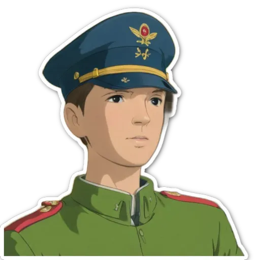 A green colored uniform with red and white stripes is worn by a man in a sticker.