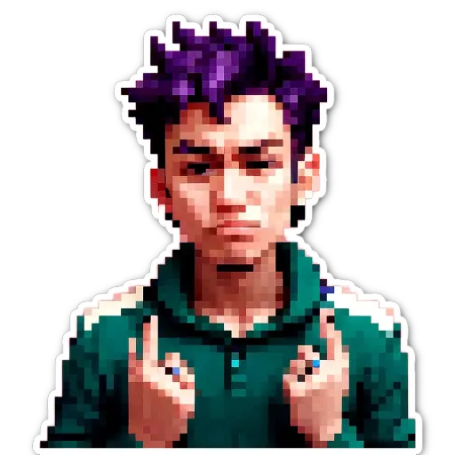 A young man with a dark purple hair color draws a thumbs up.