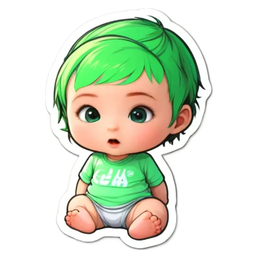 A green colored baby wearing a shirt that says 'cal'.