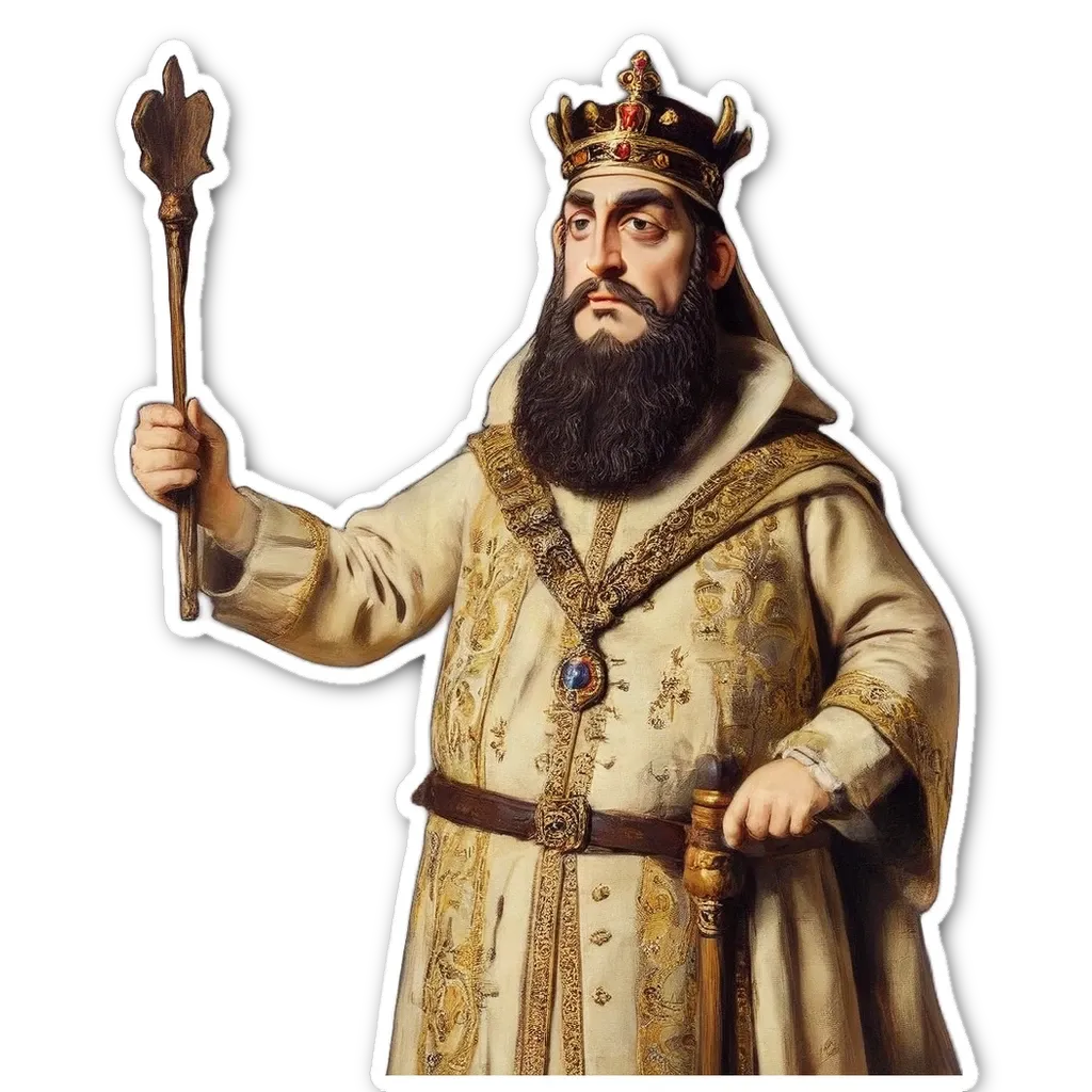 A man holding a staff and wearing a crown is depicted.