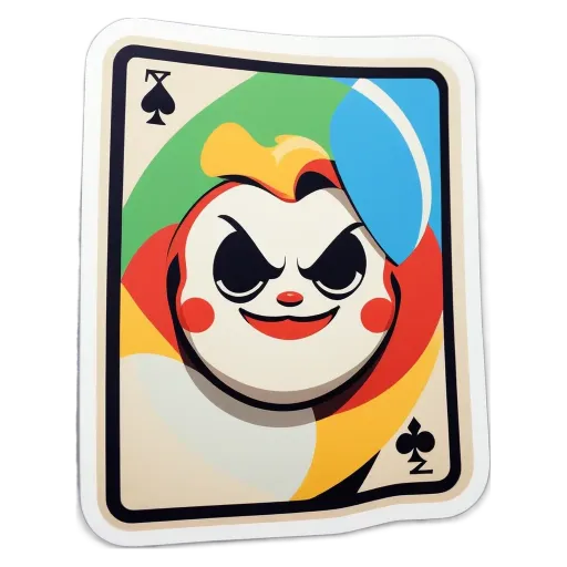 A colorful card with a joker face and aces of playing cards.