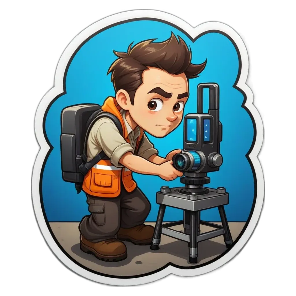A boy is using a camera and there is a sticker that says "this is an image of".