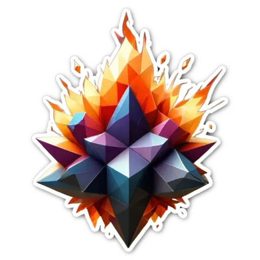 A colorful fire triangle sticker on a black background.