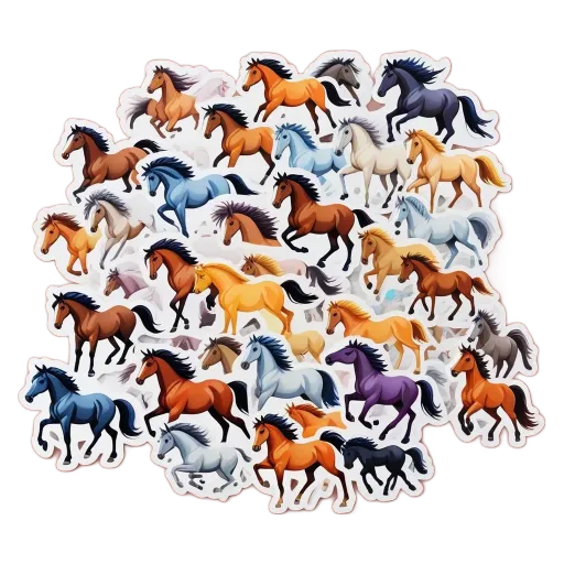 A collection of cartoon horses of various colors and sizes.