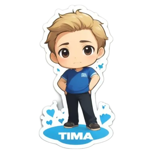 A boy is standing with his hands on his hips and a name tag on his shirt.