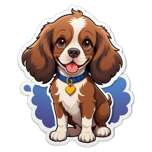 A dog sticker in cartoon style with a name tag.