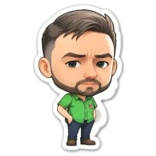 A green colored man with a fake beard and a purple shirt.