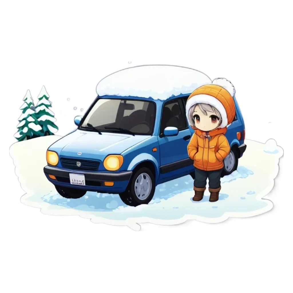 A girl is standing next to a car that is covered in snow.