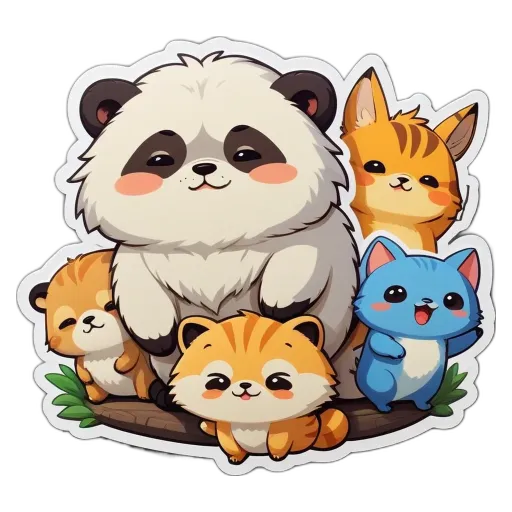 A group of animals including pandas and cats of various sizes and colors.