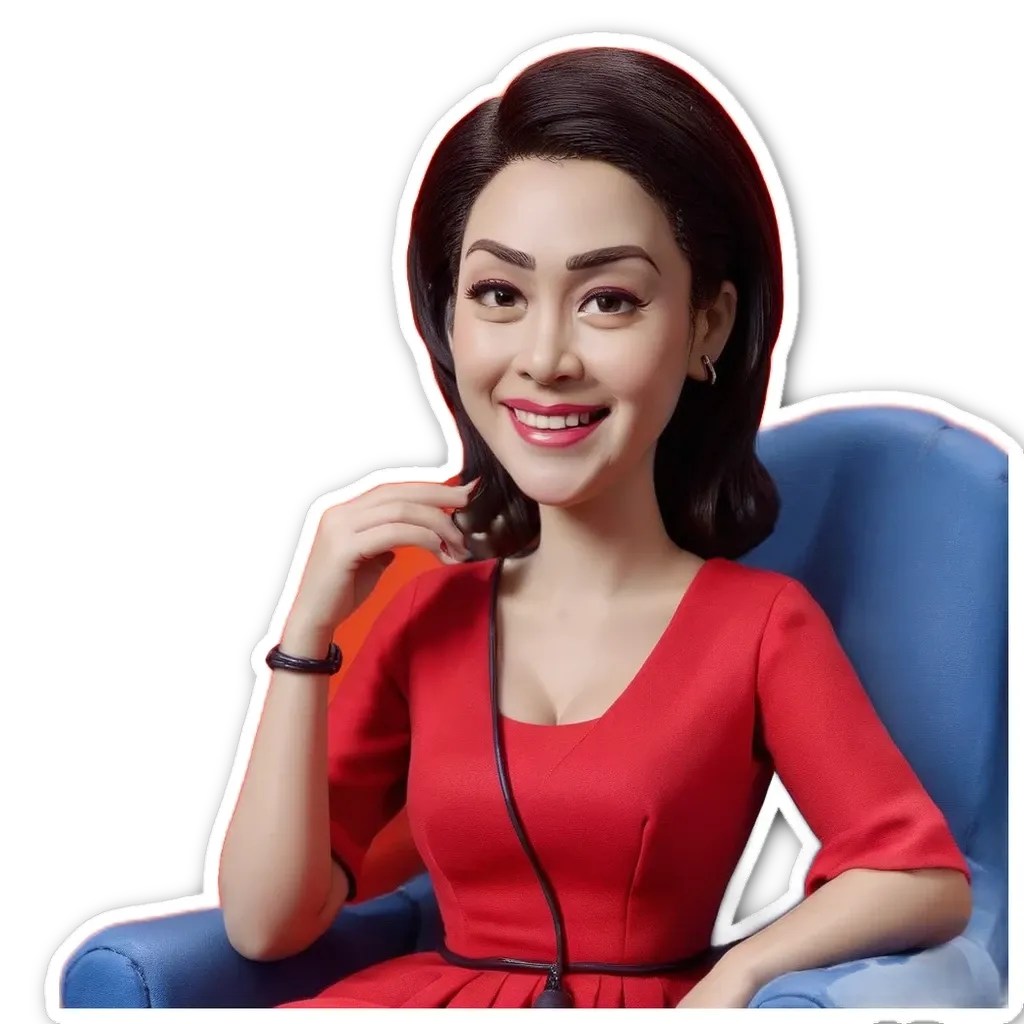 A woman in a red dress and headphones on her head.