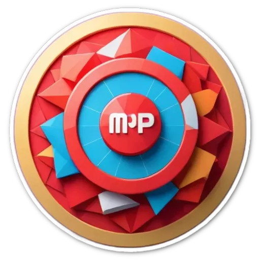 A colorful artificial pie is at the center of a logo with the letters M and P.