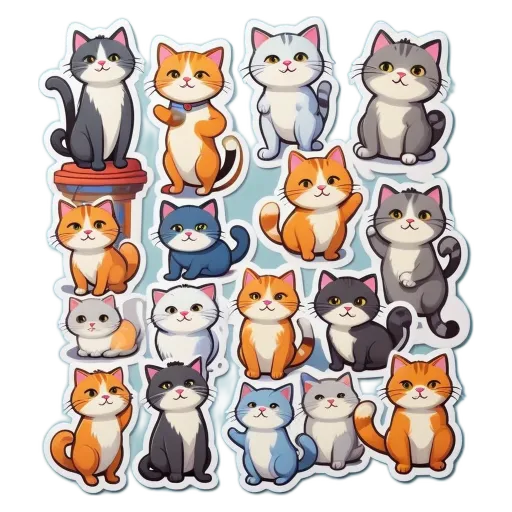 A collection of cats of various colors and sizes are depicted in stickers.