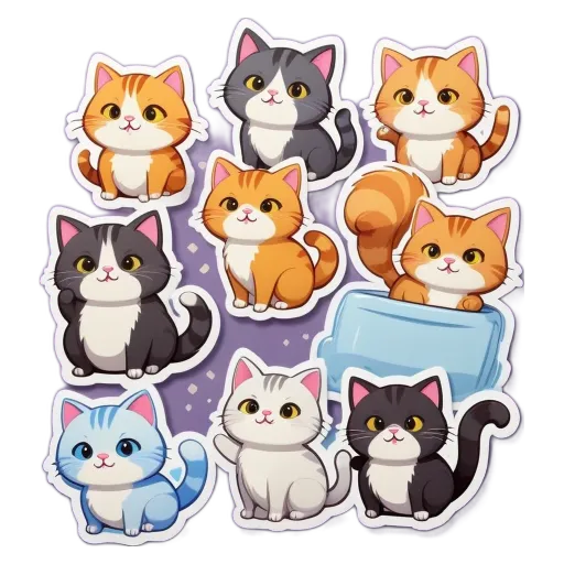 A set of nine cartoon cats of varying colors sitting in a row.