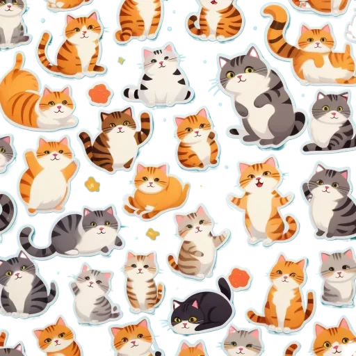 A collection of cats in different colors and sizes are stuck on a blue background.