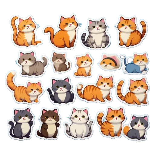 A set of cat stickers of various colors and sizes.