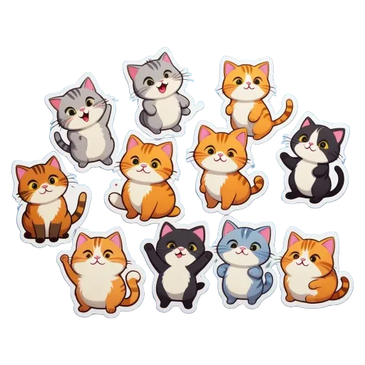 A group of cartoon cats with different colors and sizes.