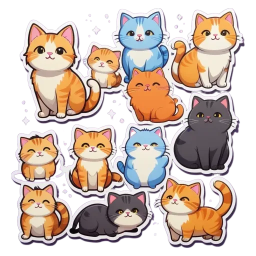 A collection of cartoon cats of various colors sitting together.