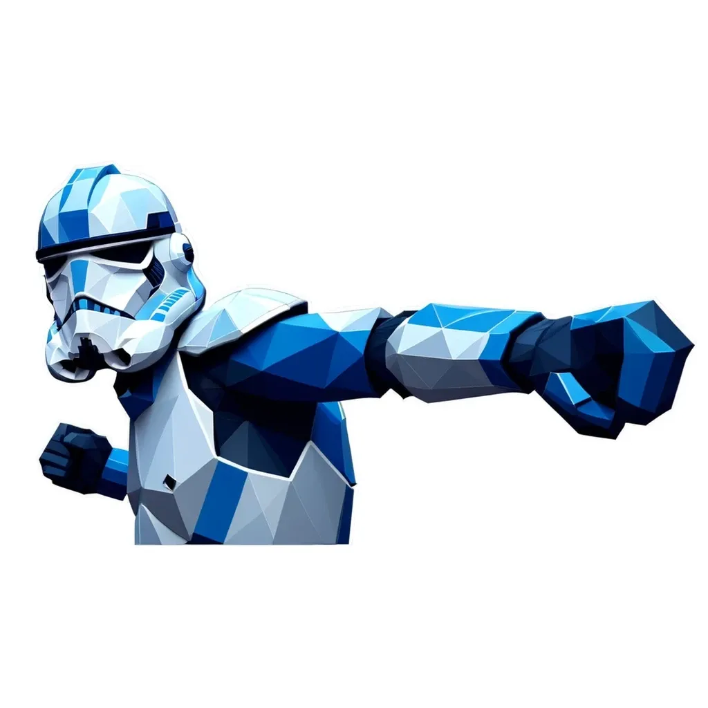 A polygonal shape of a storm trooper with a fist bump.