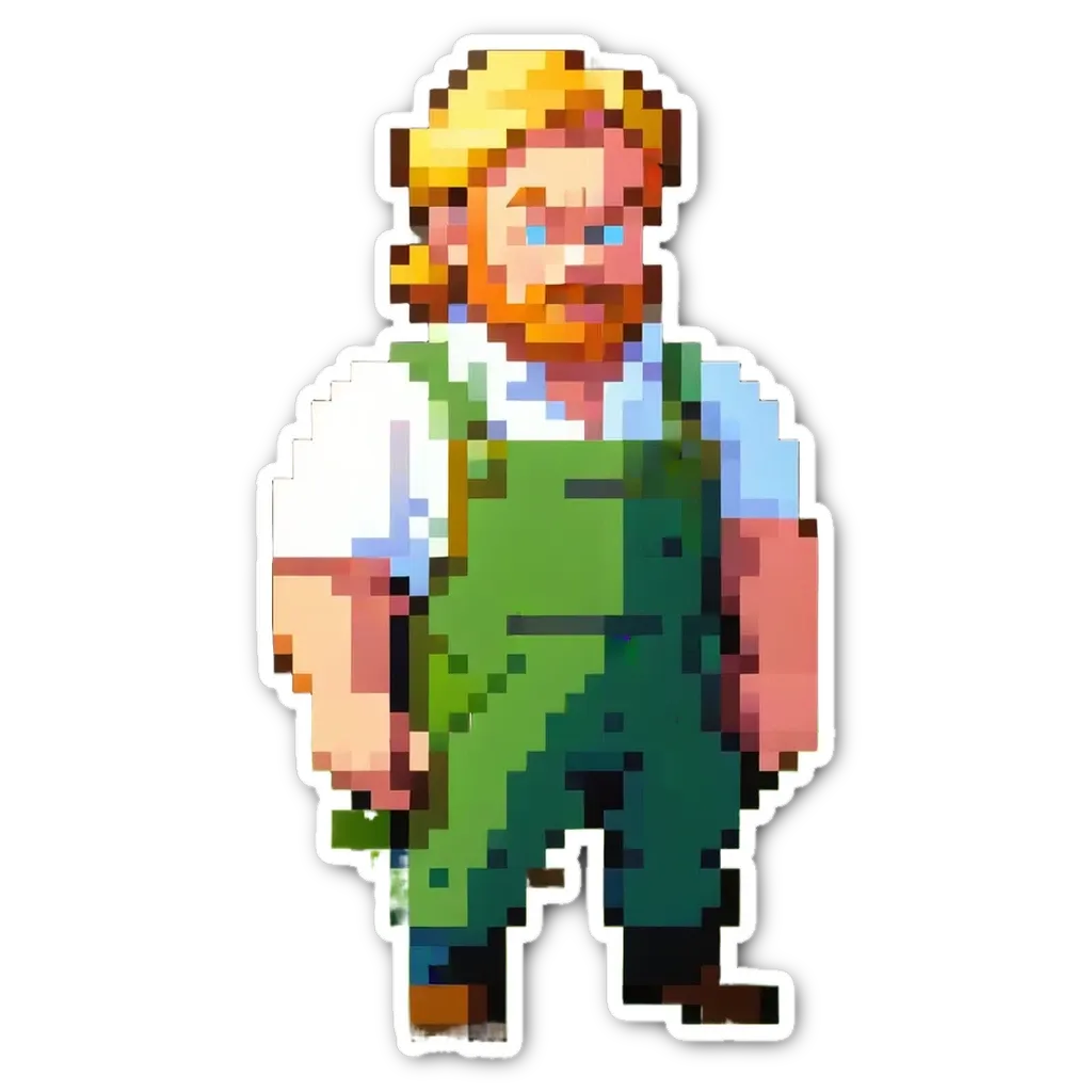 A man is wearing a green overall and has a sticker of him on his computer.