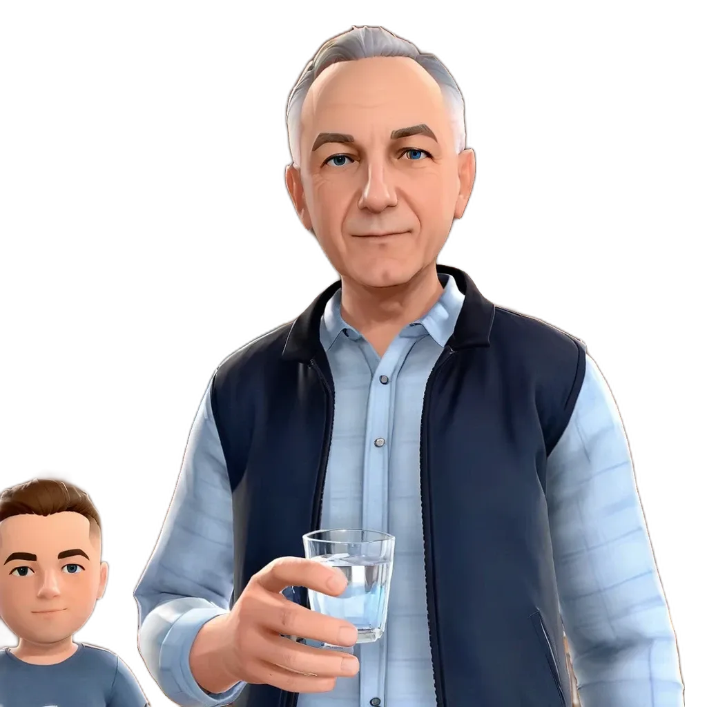a vidoe of a man in a vest holding a glass of water.