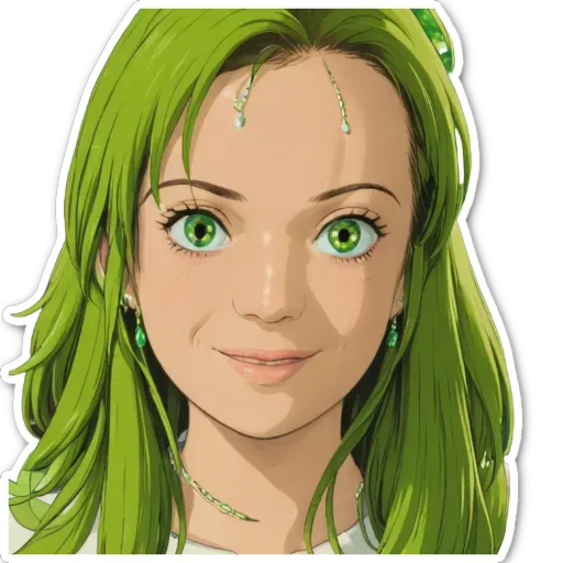 A green colored girl with her eyes open.