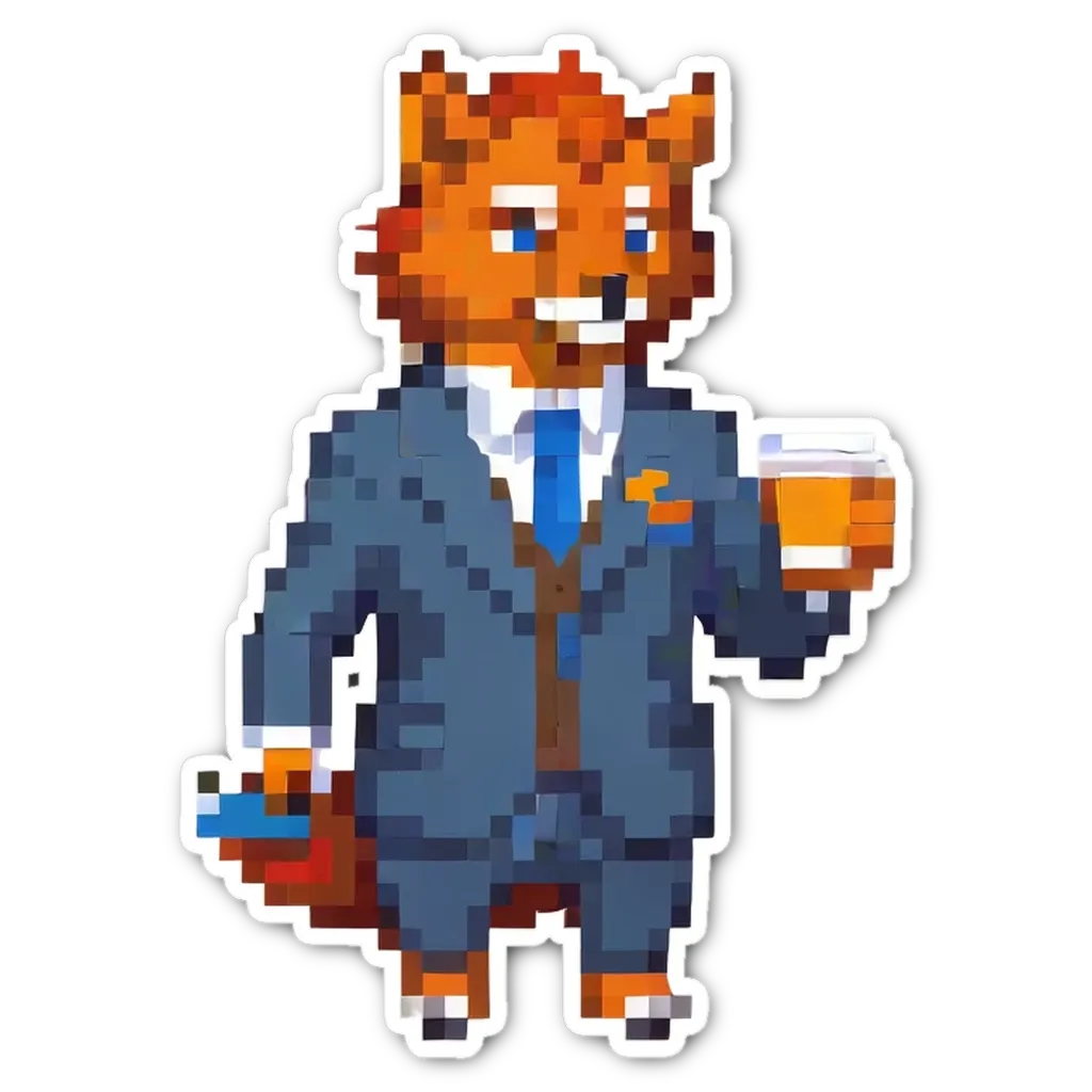 A digital fox wearing a suit and tie and holding a cup of coffee.