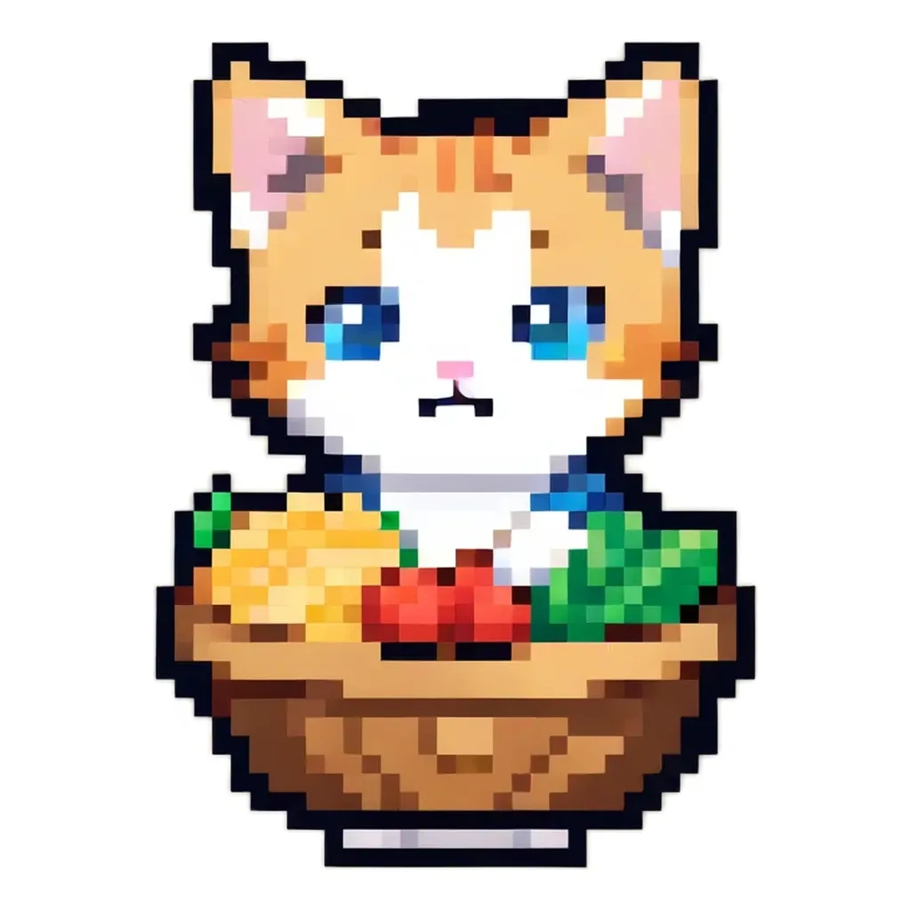 A cat in a picture with a bowl of food and vegetables.