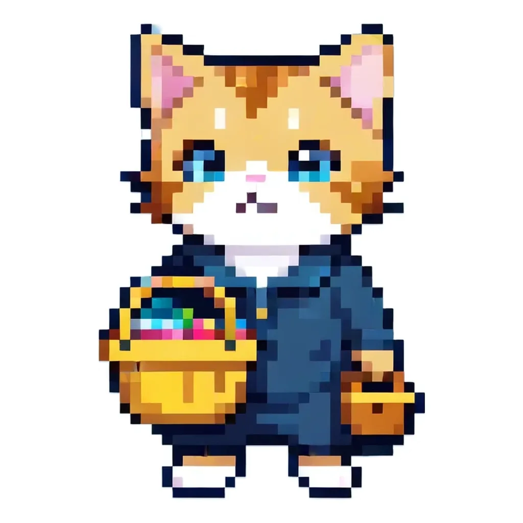 A cat wearing a blue jacket and holding a yellow basket.