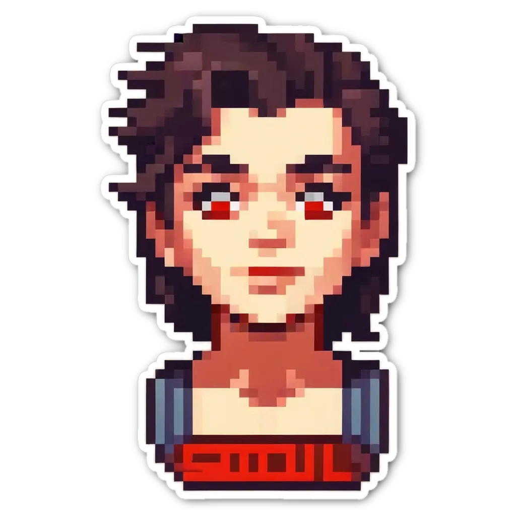 A boy with red eyes is wearing a red shirt.