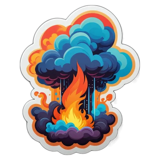 A colorful sticker of a cloud with a fire on it.