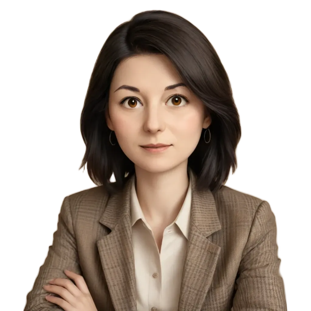 An artist has created a portrait of a woman in a brown jacket.